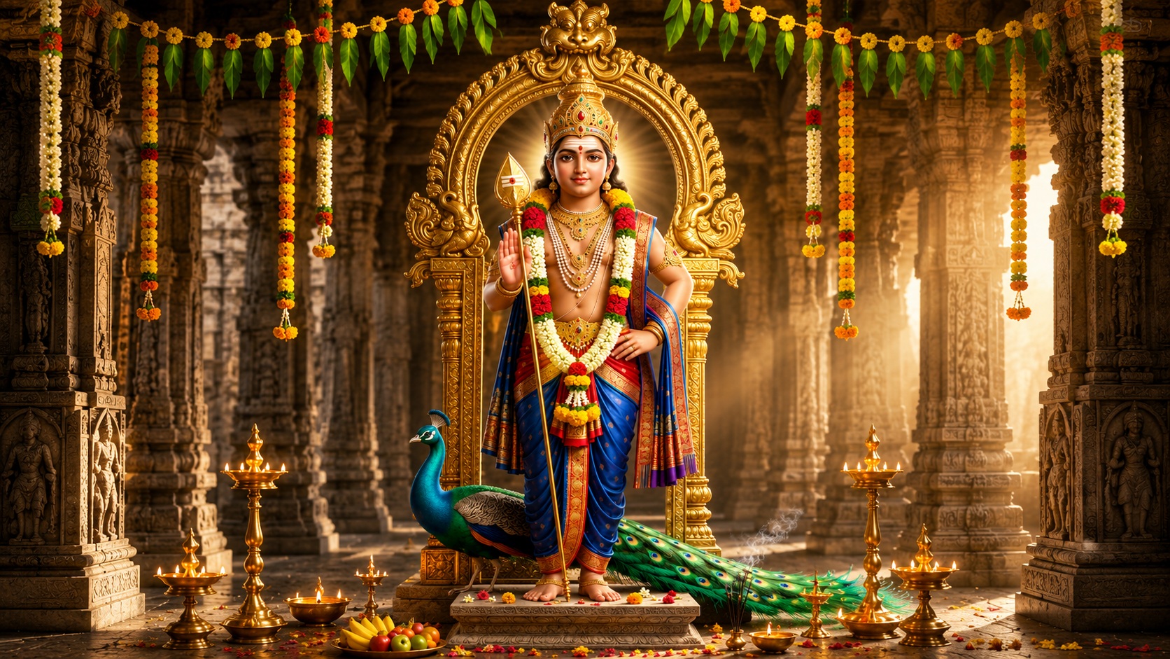 Lord Muruga in a custom devotional hero scene